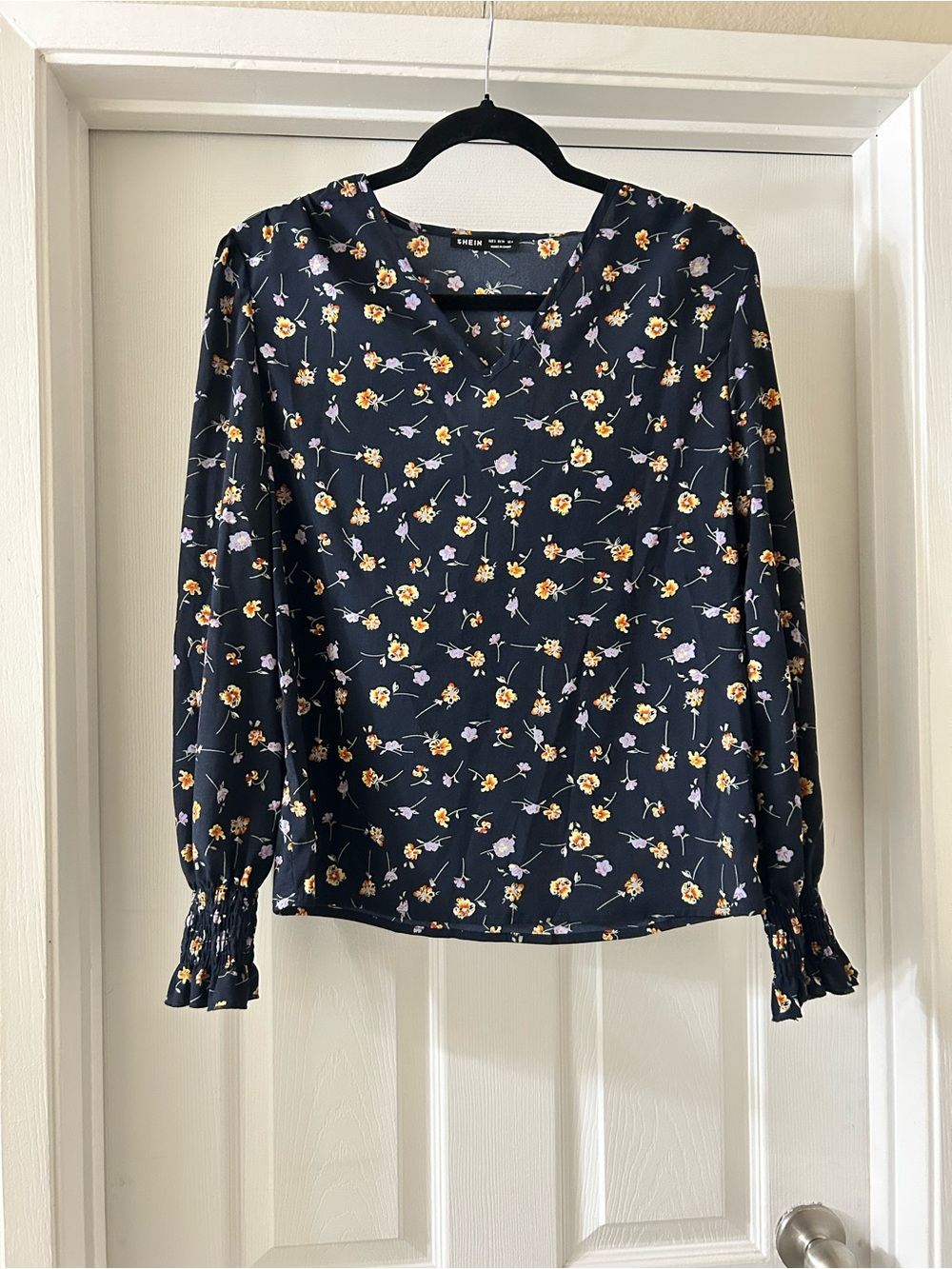 SHEIN Navy Floral V-Neck Long Sleeve Blouse